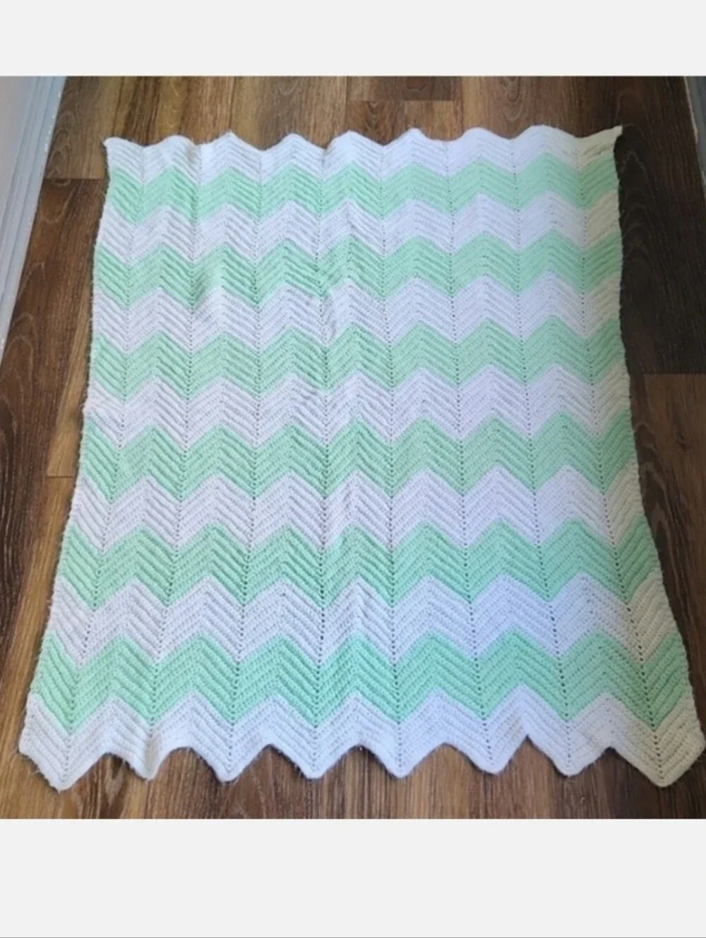Green White Chevron Crochet Knitted Baby Blanket